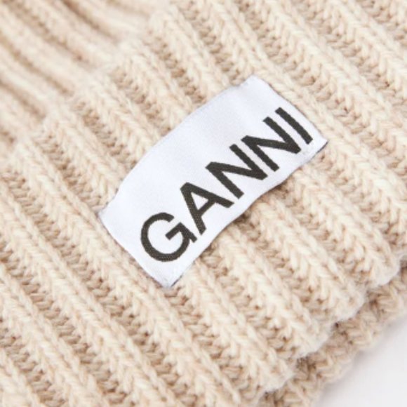 GANNI Logo Ribbed Beanie hat in Beige - Picture 4 of 4
